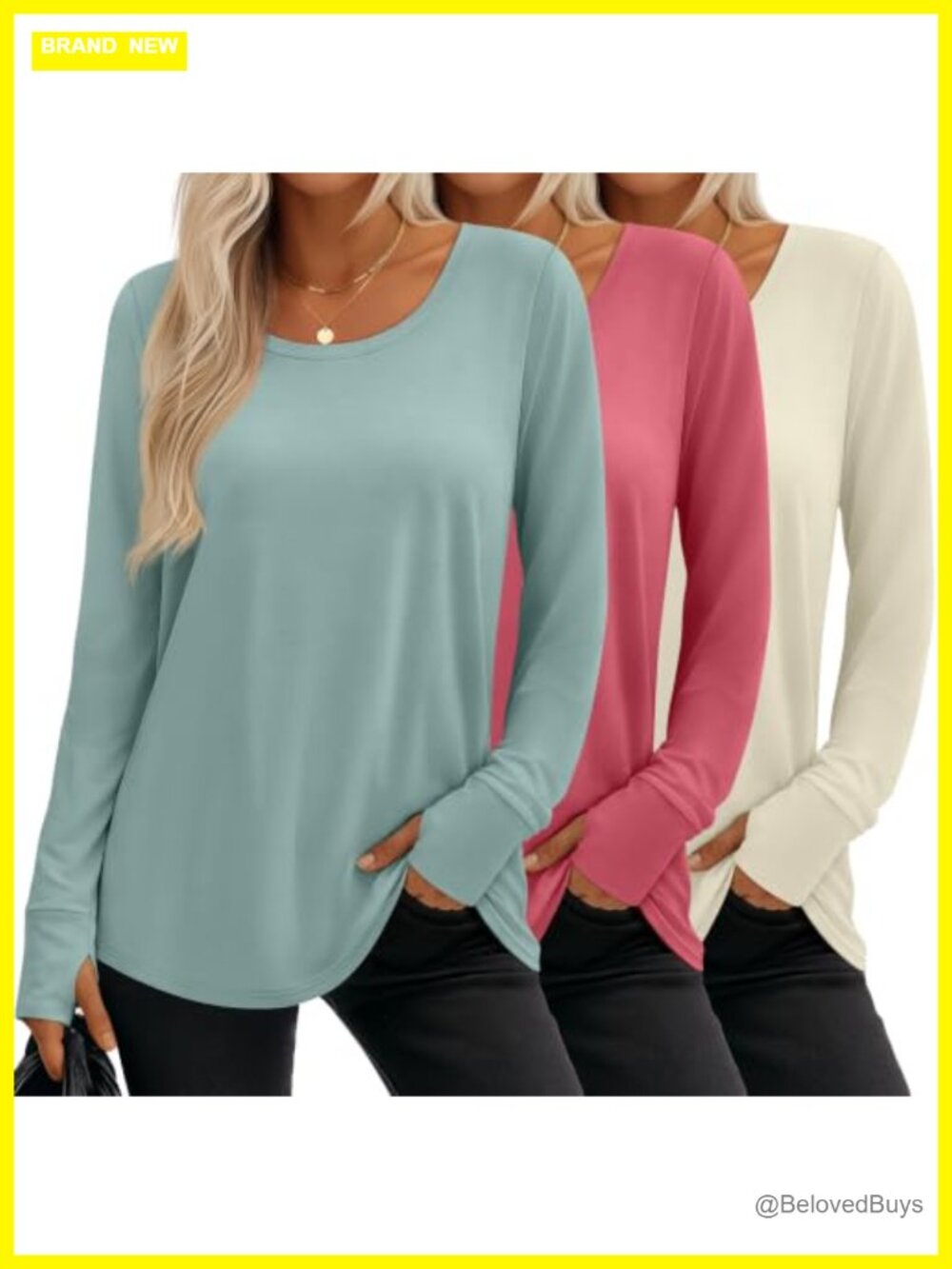 3 Pack Women's Cotton Tunic Tops Long Sleeve Scoop Neck Thumb Hole